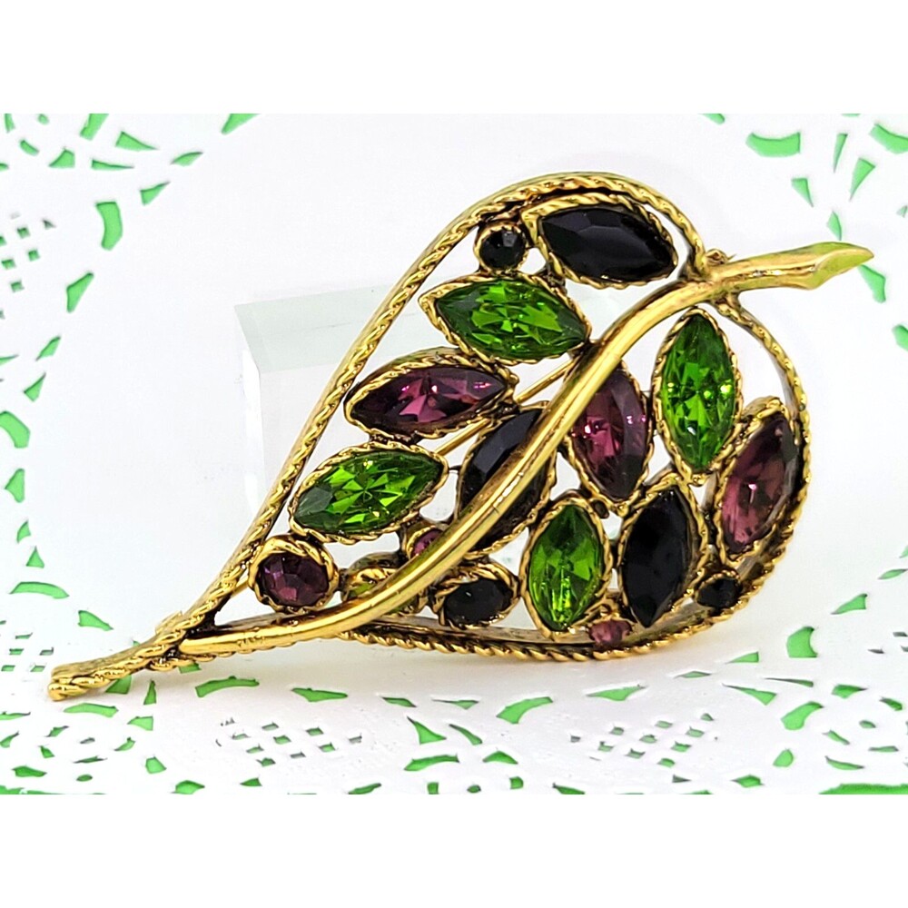 Vintage Purple Green Black Rhinestone Leaf Brooch Pin 3.75" Gold Plated Frame